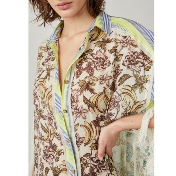 FREE PEOPLE shirt Duster large Watching Waves Maxi Aquamarine Combo NEW - Picture 8 of 15